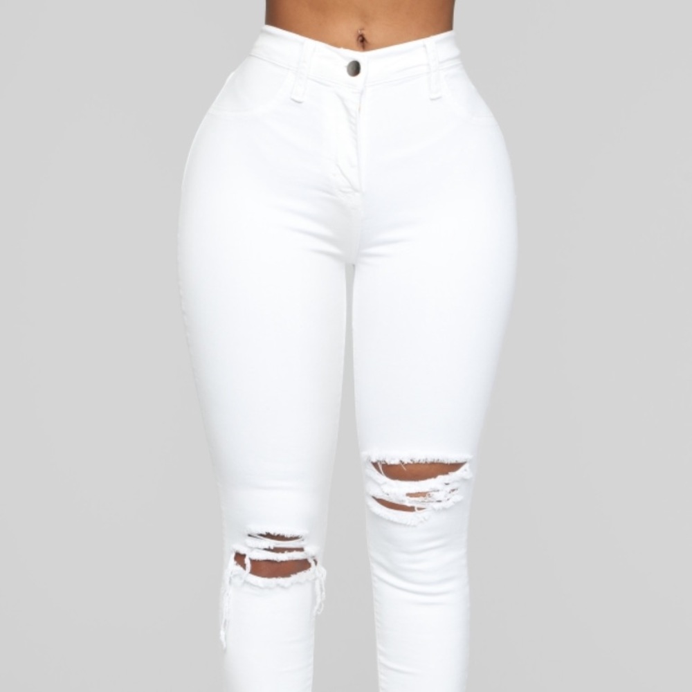 High rise ripped white jeans